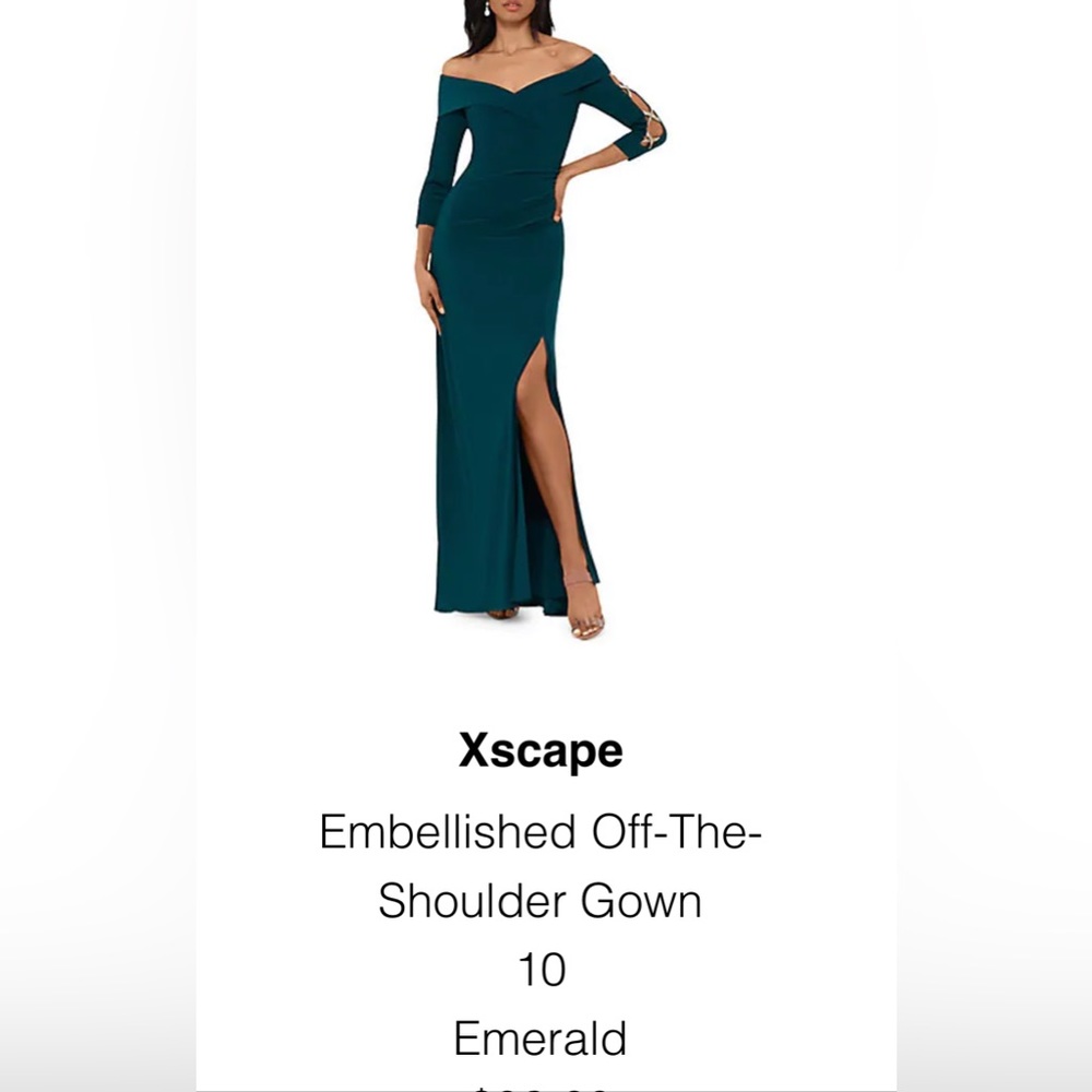 Xscape off-the-shoulder emerald green gown size 10